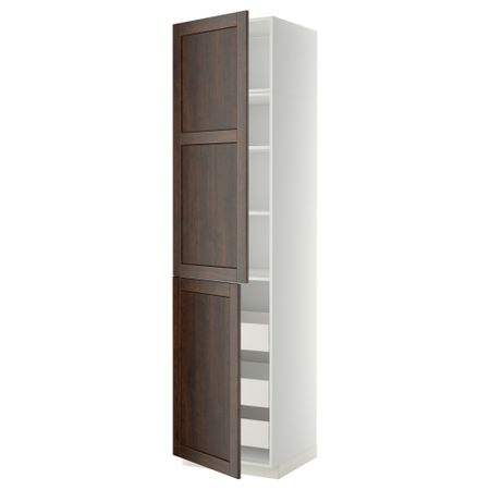 Высокий шкаф + полки, 3 ящика, 2 дверцы МЕТОД / ФОРВАРА, белый, Эдсерум коричневый