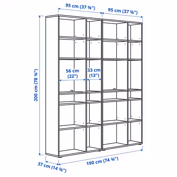 VIHALS Комбинация стеллажей - белый 190x37x200 см - схема-чертеж с размерами