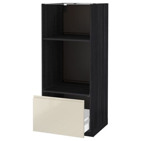 Высокий шкаф с ящиком для духовки/СВЧ, черный, Воксторп глянцевый светло-бежевый 60x60x140 см IKEA МЕТОД 292.390.77