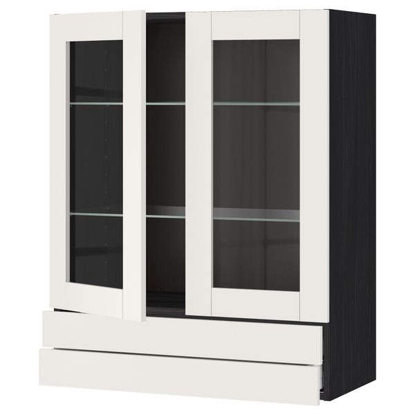 Навесной шкаф, 2 стеклянные дверцы, 2 ящика МЕТОД / МАКСИМЕРА, черный, Сэведаль белый - схема-чертеж с размерами