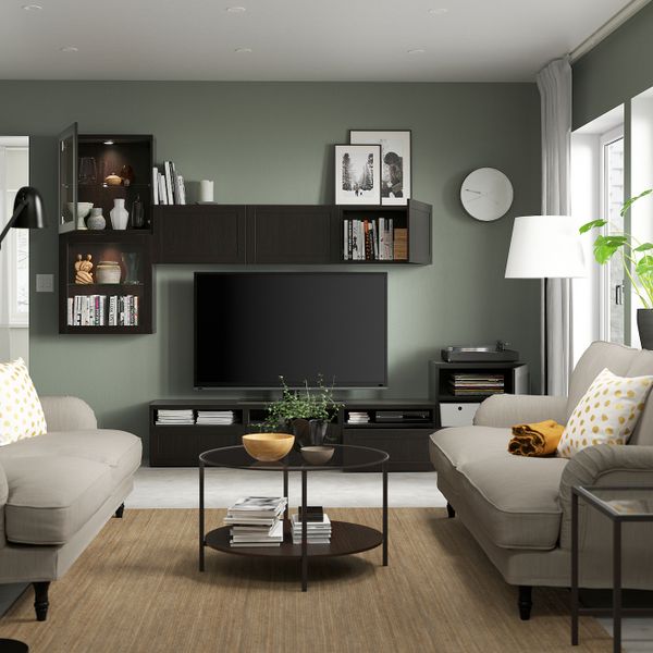 Шкаф для ТВ, комбинированный, стекляные дверцы, черно-коричневый/Ханвикен черно-коричневый прозрачное стекло 300x42x211 см IKEA - фото 2