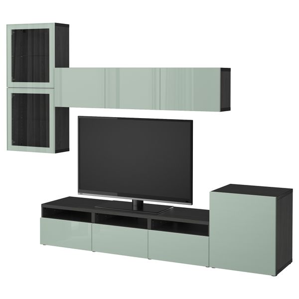 Шкаф для ТВ, комбинированный, стекляные дверцы БЕСТО, черно-коричневый Сельсвикен, глянцевый/серо-зеленый светлый прозрачное - фото 1