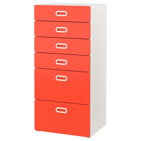 Комод с 6 ящиками, белый, красный 60x50x128 см IKEA STUVA СТУВА / FRITIDS ФРИТИДС 892.527.30 - фото 1