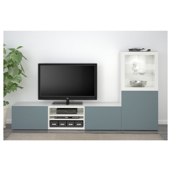 Шкаф для ТВ, комбинированный, стекляные дверцы БЕСТО, белый, Вальвикен серо-бирюзовый, прозрачное стекло (240x40x128 см) - фото 2