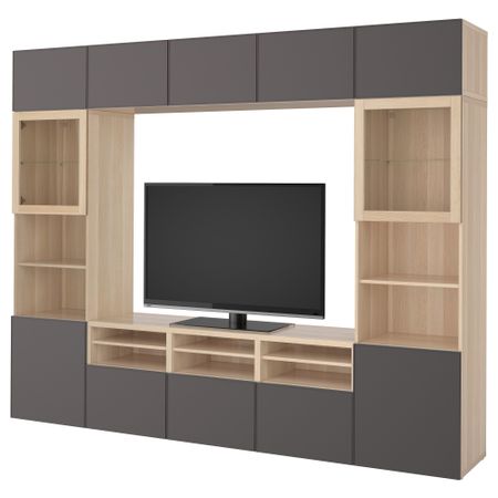 Шкаф для ТВ, комбинированный, стекляные дверцы БЕСТО, под беленый дуб Грундсвикен, темно-серый прозрачное стекло (300x40x230 см)