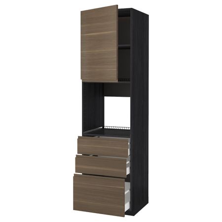 Высокий шкаф для духовки/дверь/3ящика, черный/Воксторп грецкий орех 60x60x220 см IKEA МЕТОД / МАКСИМЕРА 392.391.47