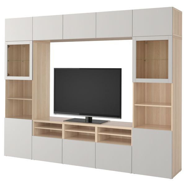 Шкаф для ТВ, комбинированный, стекляные дверцы БЕСТО, под беленый дуб, Лаппвикен светло-серый прозрачное стекло (300x40x230 см) - фото 1