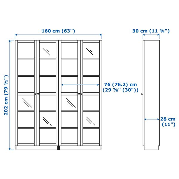 Стеллаж, бежевый, 160x30x202 см IKEA БИЛЛИ 292.439.94 - схема-чертеж с размерами
