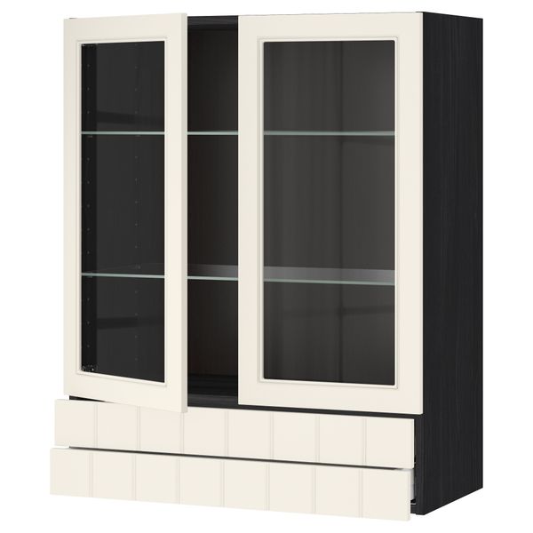 Навесной шкаф, 2 стеклянные дверцы, 2 ящика МЕТОД / МАКСИМЕРА, черный, Хитарп белый с оттенком - схема-чертеж с размерами