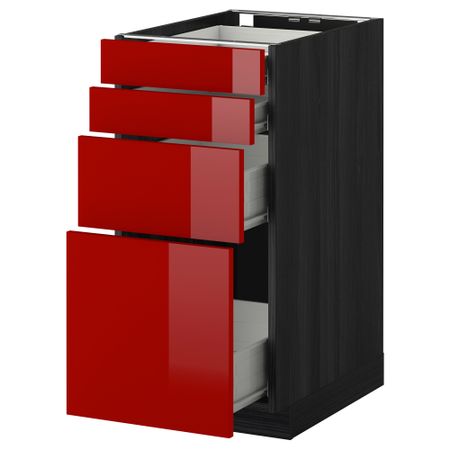 Напольный шкаф 4 фронтальных панели, 4 ящика МЕТОД / ФОРВАРА, черный, Рингульт красный