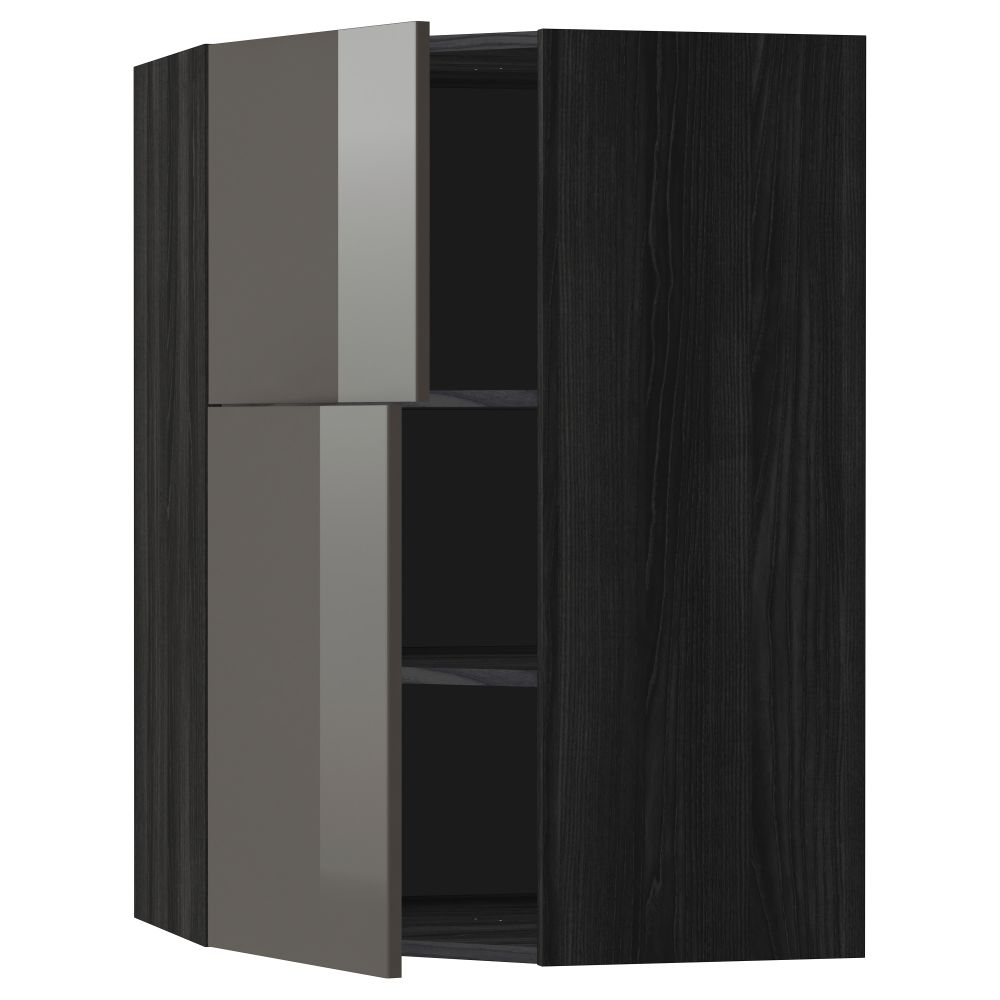 Угловой навесной шкаф + полки, 2 дверцы МЕТОД, черный, Рингульт серый (68x100 см) - схема-чертеж с размерами