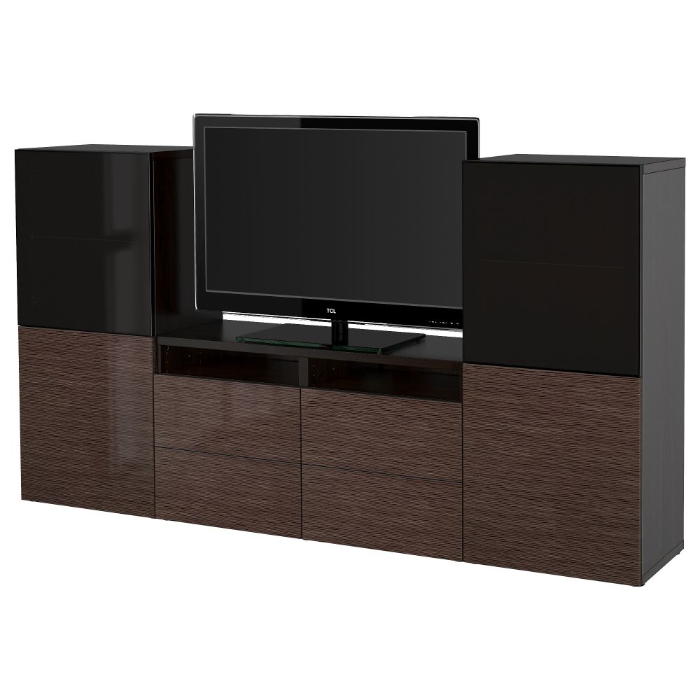 Шкаф для ТВ, комбинированный, стекляные дверцы БЕСТО, черно-коричневый, Сельсвикен глянцевый/коричневый дымчат стекло - фото 1