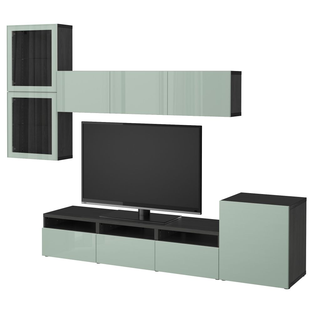 Шкаф для ТВ, комбинированный, стекляные дверцы БЕСТО, черно-коричневый Сельсвикен, глянцевый/серо-зеленый светлый прозрачное - фото 1