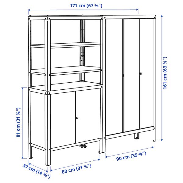 Стеллаж с 2 шкафчиками, бежевый 171x37x161 см IKEA KOLBJÖRN КОЛЬБЬЁРН 392.916.49 - схема-чертеж с размерами