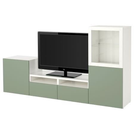 Шкаф для ТВ, комбинированный, стекляные дверцы БЕСТО, Лаппвикен зеленый, Синдвик белый прозрачное стекло (240x40x128 см)