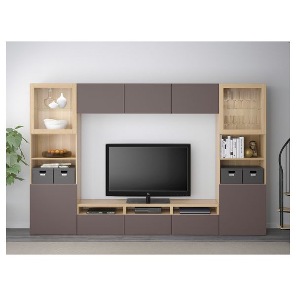 Шкаф для ТВ, комбинированный, стекляные дверцы БЕСТО, под беленый дуб, Вальвикен темно-коричневый, прозрачное стекло (300x40x192 - фото 2