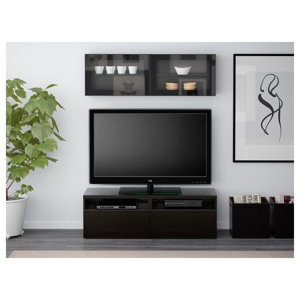 Шкаф для ТВ, комбинированный, стекляные дверцы БЕСТО, черно-коричневый, Сельсвикен глянцевый/коричневый прозрач стекло - фото 2