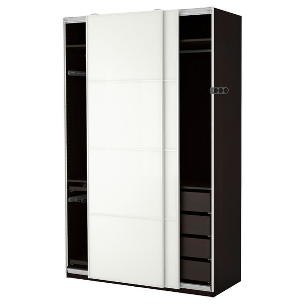 Гардероб, черно-коричневый, Фэрвик белое стекло, 150x66x236 см IKEA ПАКС 990.299.76 - фото 1