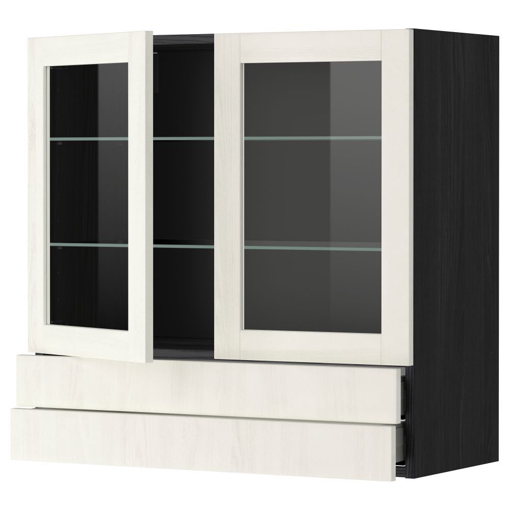 Навесной шкаф, 2 стеклянные дверцы, 2 ящика МЕТОД / МАКСИМЕРА, черный, Росдаль белый - схема-чертеж с размерами