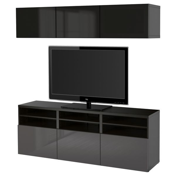 Шкаф для ТВ, комбинированный, стекляные дверцы БЕСТО, черно-коричневый, Сельсвикен глянцевый/серый дымчатое стекло (180x40x192 - фото 1