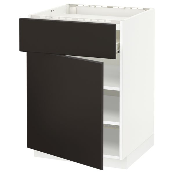 Напольный шкаф для варочной панели, ящик, полка, дверцы МЕТОД / ФОРВАРА, белый, Кунгсбакка антрацит (60x60 см) - фото 1