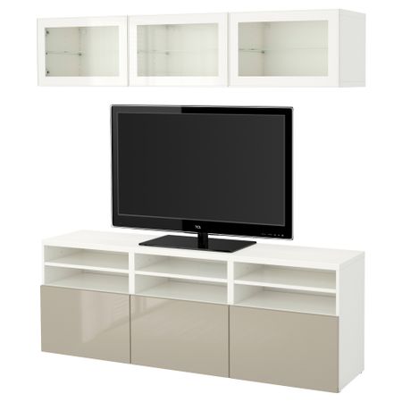 Шкаф для ТВ, комбинированный, стекляные дверцы БЕСТО, белый, Сельсвикен глянцевый/бежевый прозрачное стекло (180x40x192 см)
