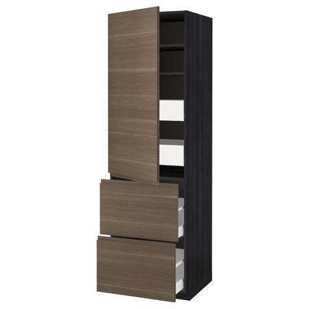 Высокий шкаф + полки/4ящ/двр/2фасада, черный/Воксторп под грецкий орех 60x60x200 см IKEA МЕТОД / МАКСИМЕРА 093.559.92