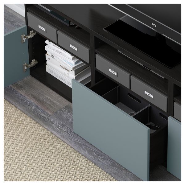 Шкаф для ТВ, комбинированный, стекляные дверцы БЕСТО, черно-коричневый, Вальвикен серо-бирюзовый, прозрачное стекло (180x40x192 - фото 4