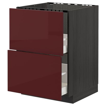 Напольный шкаф под мойку + 2 фронтальных панели, 2 ящ, черный Калларп/глянцевый темный красно-коричневый 60x60 см IKEA МЕТОД /