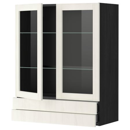 Навесной шкаф, 2 стеклянные дверцы, 2 ящика МЕТОД / МАКСИМЕРА, черный, Росдаль белый