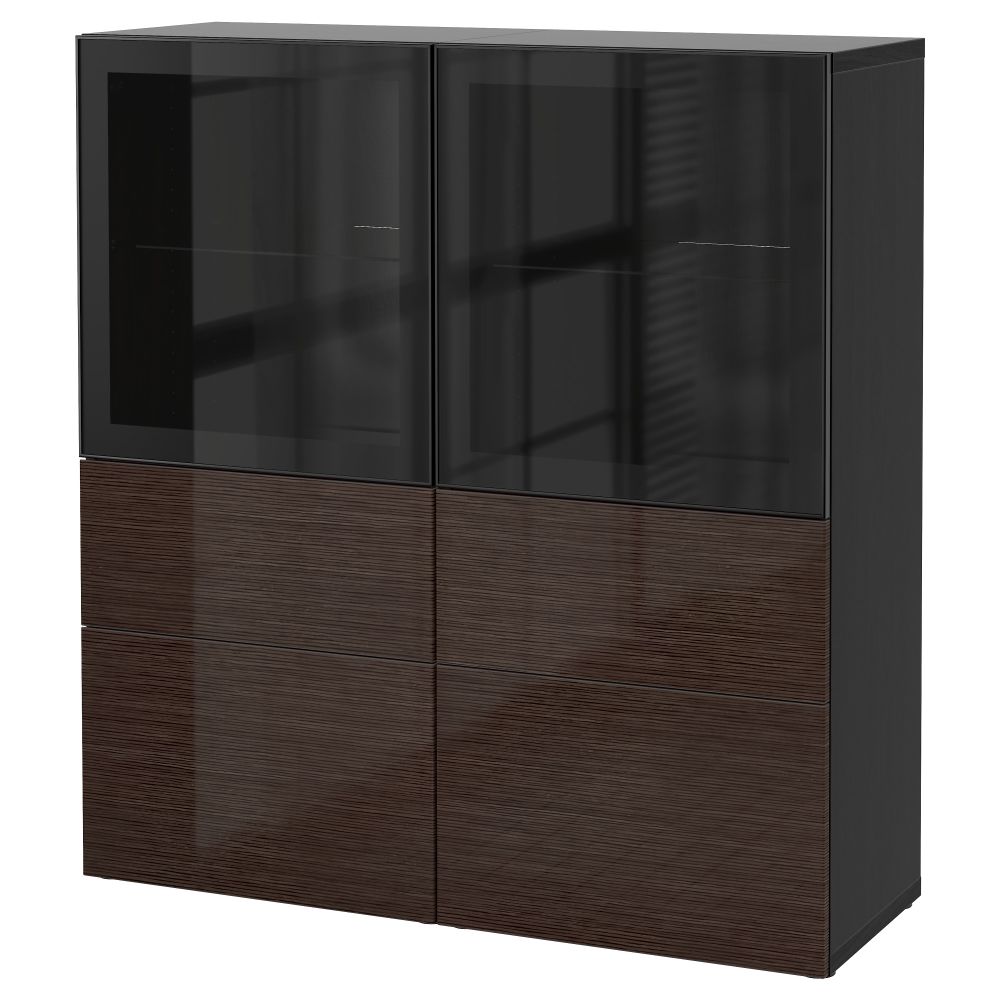 Комбинация для хранения со стеклянными дверцами БЕСТО, черно-коричневый, Сельсвикен глянцевый/коричневый прозрач стекло - фото 1