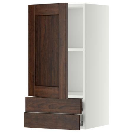 Навесной шкаф с дверцей, 2 ящика МЕТОД / ФОРВАРА, белый, Эдсерум коричневый