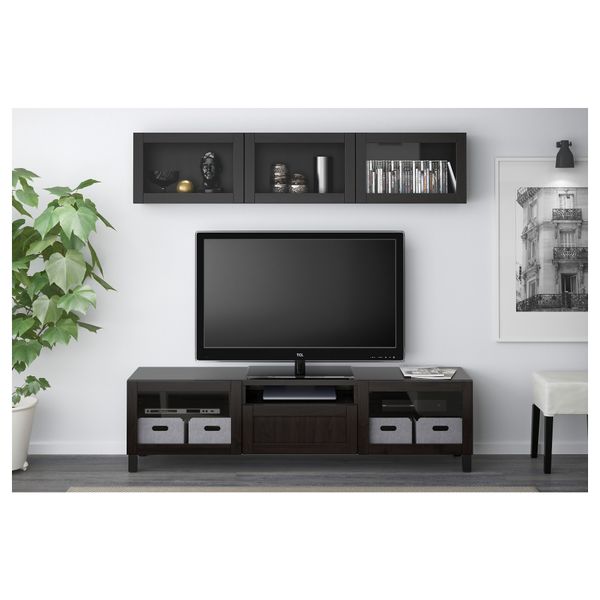 Шкаф для ТВ, комбинированный, стекляные дверцы БЕСТО, Ханвикен, Синдвик черно-коричневый прозрачное стекло (180x20/40x166 см) - фото 2