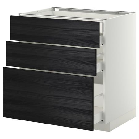 Напольный шкаф 3 фронтальные панели, 2 низких, 1 средний, 1 встроенный ящ, белый, Тингсрид черный 80x60 см IKEA МЕТОД /