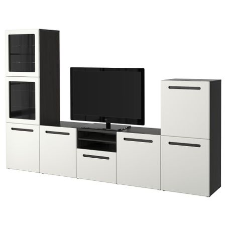 Шкаф для ТВ, комбинированный, стекляные дверцы БЕСТО, черно-коричневый, Марвикен белый прозрачное стекло (300x40x192 см)