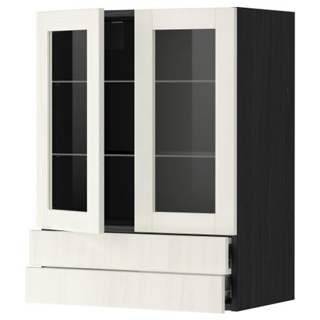 Навесной шкаф, 2 стеклянные дверцы, 2 ящика МЕТОД / ФОРВАРА, черный, Росдаль белый