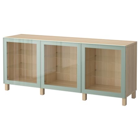 Комбинация для хранения с дверцами БЕСТО, под беленый дуб Глассвик, глянцевый/серо-зеленый светлый прозрачное стекло (180x40x74