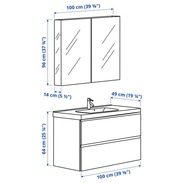 Комплект мебели для ванной, 4 предмета, 103 cm IKEA ODENSVIK ОДЕНСВИК, GODMORGON ГОДМОРГОН 993.154.97 - схема-чертеж с размерами