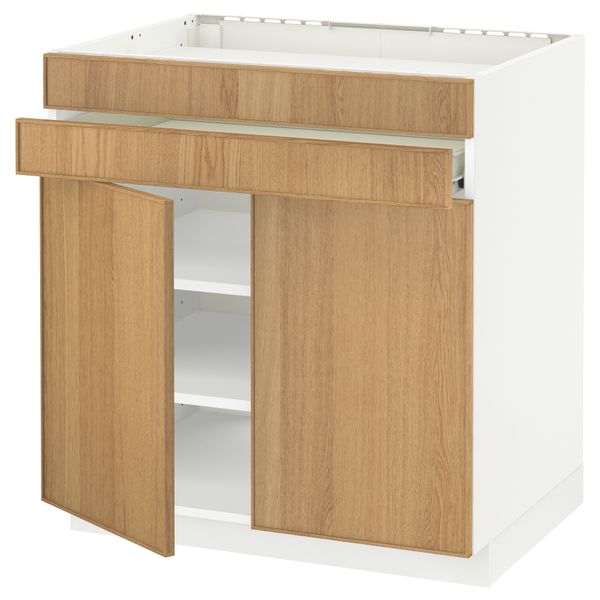 Напольный шкаф для варочной панели, 2 ящика, 2 фасада, 1 ящик МЕТОД / ФОРВАРА, белый, Экестад дуб (80x60 см) - схема-чертеж с размерами