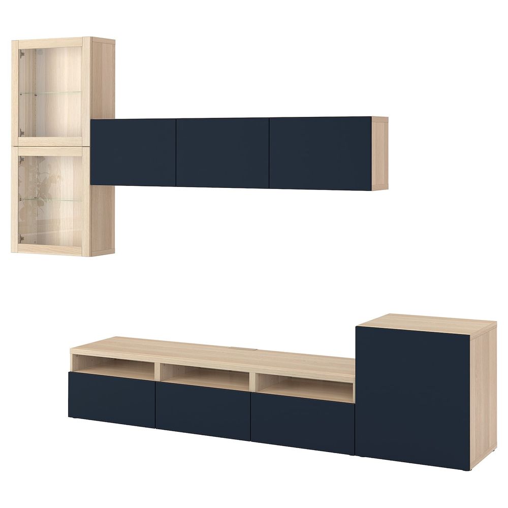 Шкаф для ТВ, комбинированный, стекляные дверцы, под беленый дуб, Нотвикен синий прозрачное стекло, 300x42x211 см IKEA БЕСТО - фото 1