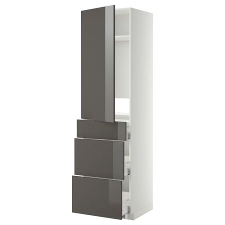 Высокий шкаф для холодильника, с дверцами, 3 ящика МЕТОД / МАКСИМЕРА, белый, Рингульт серый (60x60x220 см)