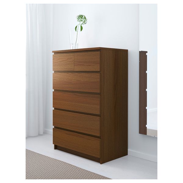 Комод с 6 ящиками, коричневая морилка ясеневый шпон 80x123 см IKEA MALM МАЛЬМ 903.941.92 - фото 2