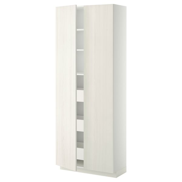 Высокий шкаф с ящиками, 2 дверцы МЕТОД / МАКСИМЕРА, белый, Росдаль белый (80x37x200 см) - схема-чертеж с размерами