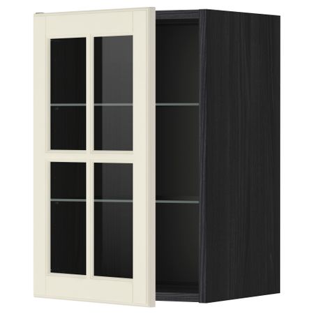 Навесной шкаф с полками, стекляными дверцы МЕТОД, черный, Будбин белый с оттенком
