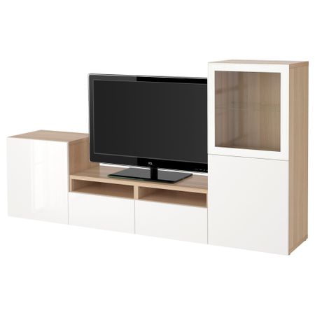 Шкаф для ТВ, комбинированный, стекляные дверцы БЕСТО, под беленый дуб, Сельсвикен глянцевый/белый прозрачное стекло (240x40x128