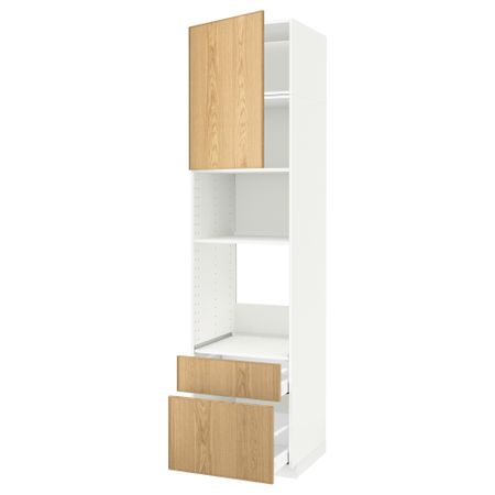 Высокий шкаф для духовки/СВЧ дверца, 2 ящика МЕТОД / МАКСИМЕРА, белый, Экестад дуб