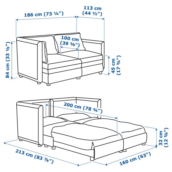 2-местный модульный диван-кровать ВАЛЛЕНТУНА, Хилларед темно-серый - схема-чертеж с размерами