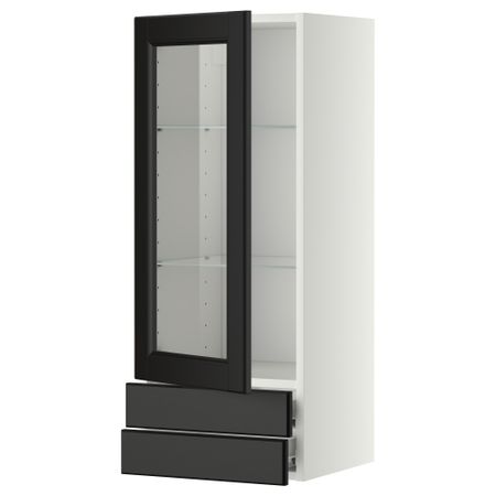 Навесной шкаф, стеклянная дверца, 2 ящика МЕТОД / ФОРВАРА, белый, Лаксарби черно-коричневый