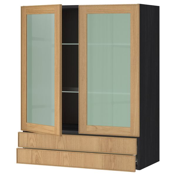Навесной шкаф, 2 стеклянные дверцы, 2 ящика МЕТОД / ФОРВАРА, черный, Экестад дуб - схема-чертеж с размерами