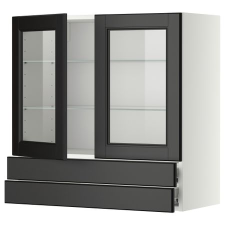 Навесной шкаф, 2 стеклянные дверцы, 2 ящика МЕТОД / ФОРВАРА, белый, Лаксарби черно-коричневый